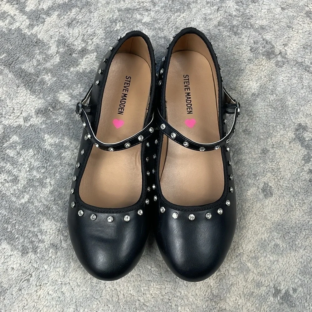 New Steve Madden JRea Crystal Embellished Mary Jane Ballet Flats Black Sz 5 Girl